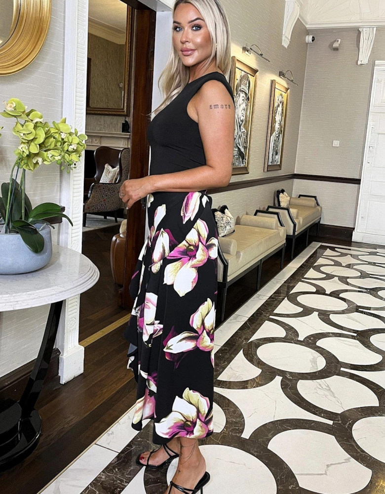Floral Print 2 In 1 Double Frill Split Midi Dress - Black