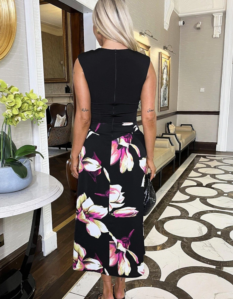 Floral Print 2 In 1 Double Frill Split Midi Dress - Black