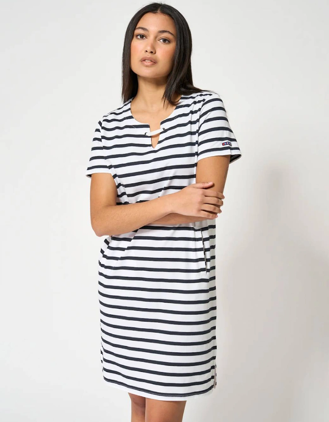 Women's Striped Dress with Corded Neckline White/Navy, 4 of 3