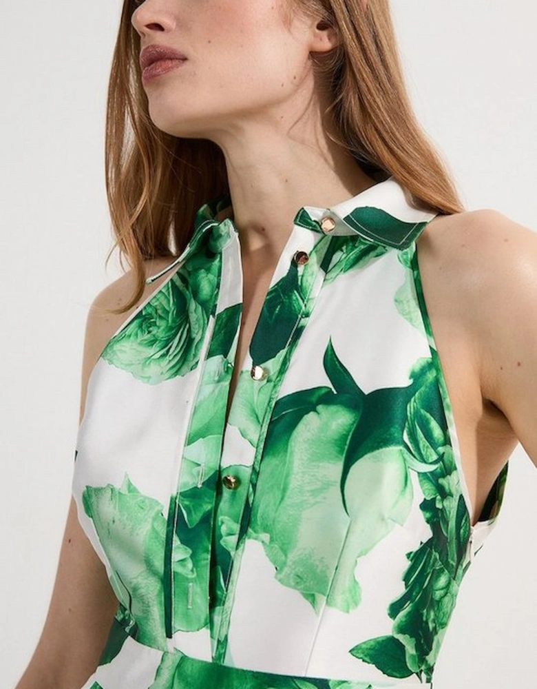 Rose Print Twill Collared Maxi Dress