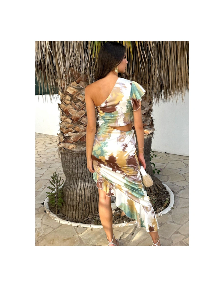 Smudge Print One Shoulder Asymmetric Cut Out Frill Hem Midi Dress - Multi
