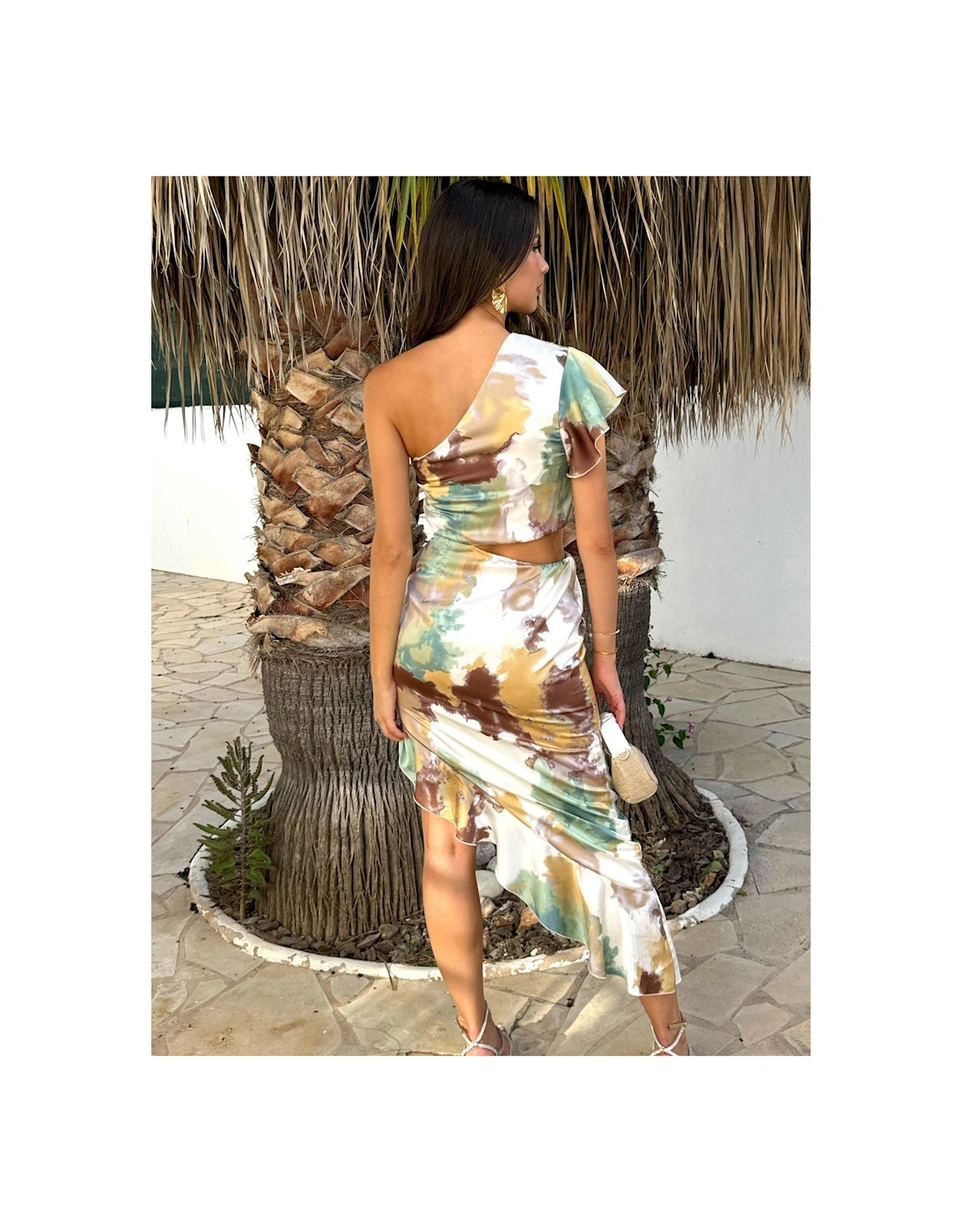 Smudge Print One Shoulder Asymmetric Cut Out Frill Hem Midi Dress - Multi