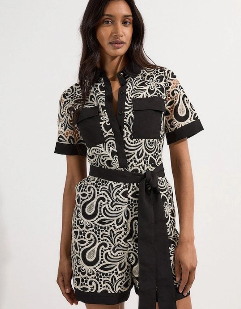 Mono Cutwork Pocket Front Woven Playsuit
