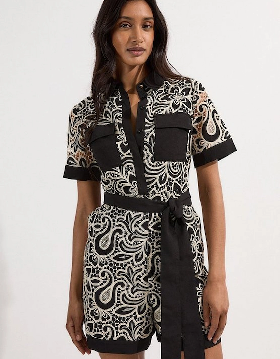 Mono Cutwork Pocket Front Woven Playsuit, 2 of 1
