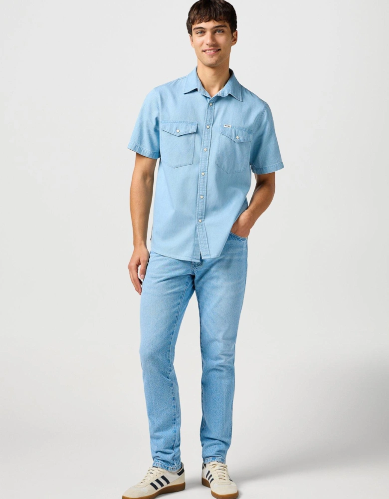 Short Sleeve Denim Western Shirt - Light Blue
