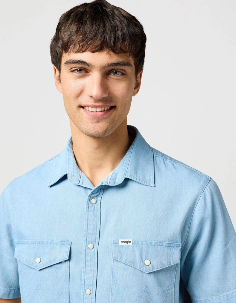 Short Sleeve Denim Western Shirt - Light Blue