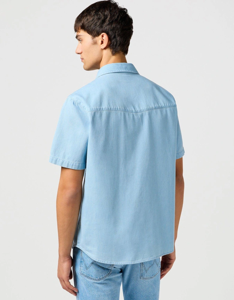 Short Sleeve Denim Western Shirt - Light Blue