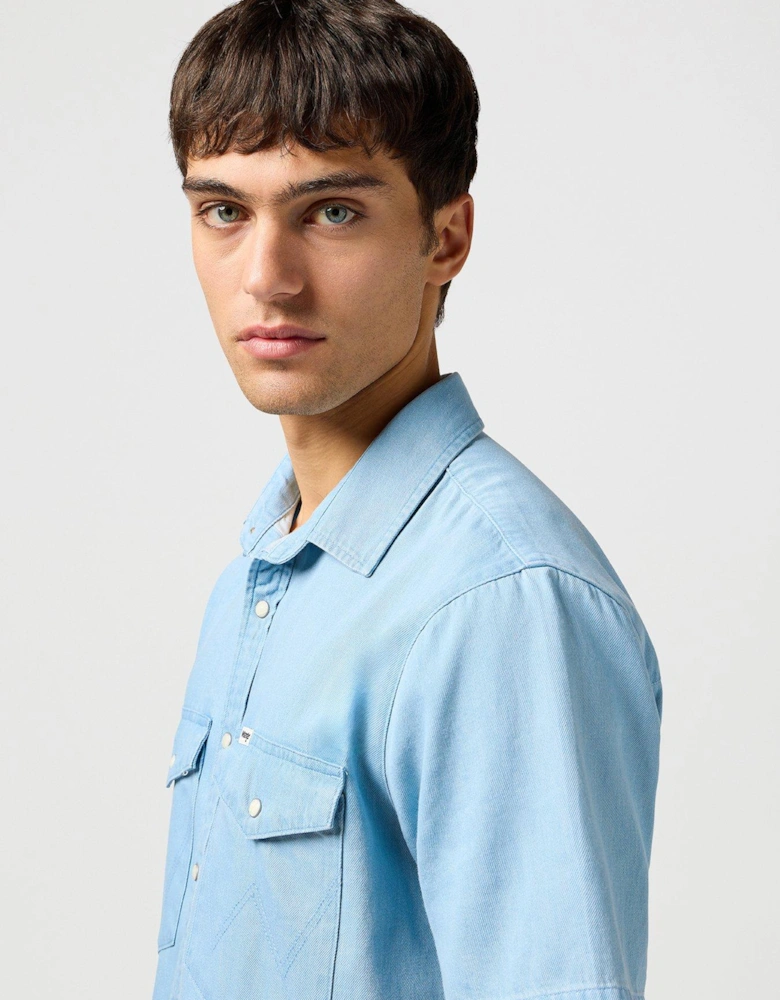 Short Sleeve Denim Western Shirt - Light Blue