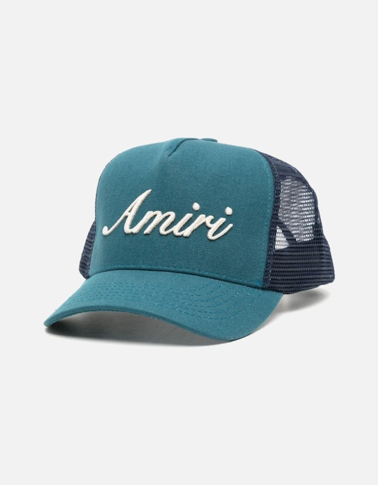 Script Embroidered Trucker Cap in Teal Green