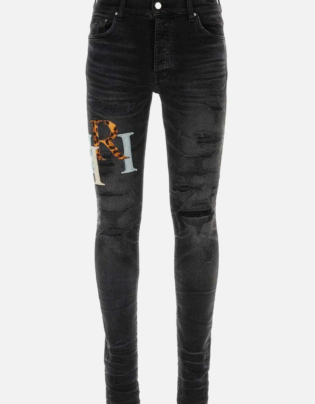 Leather Staggered Logo Ripped Jeans in Black, 5 of 4