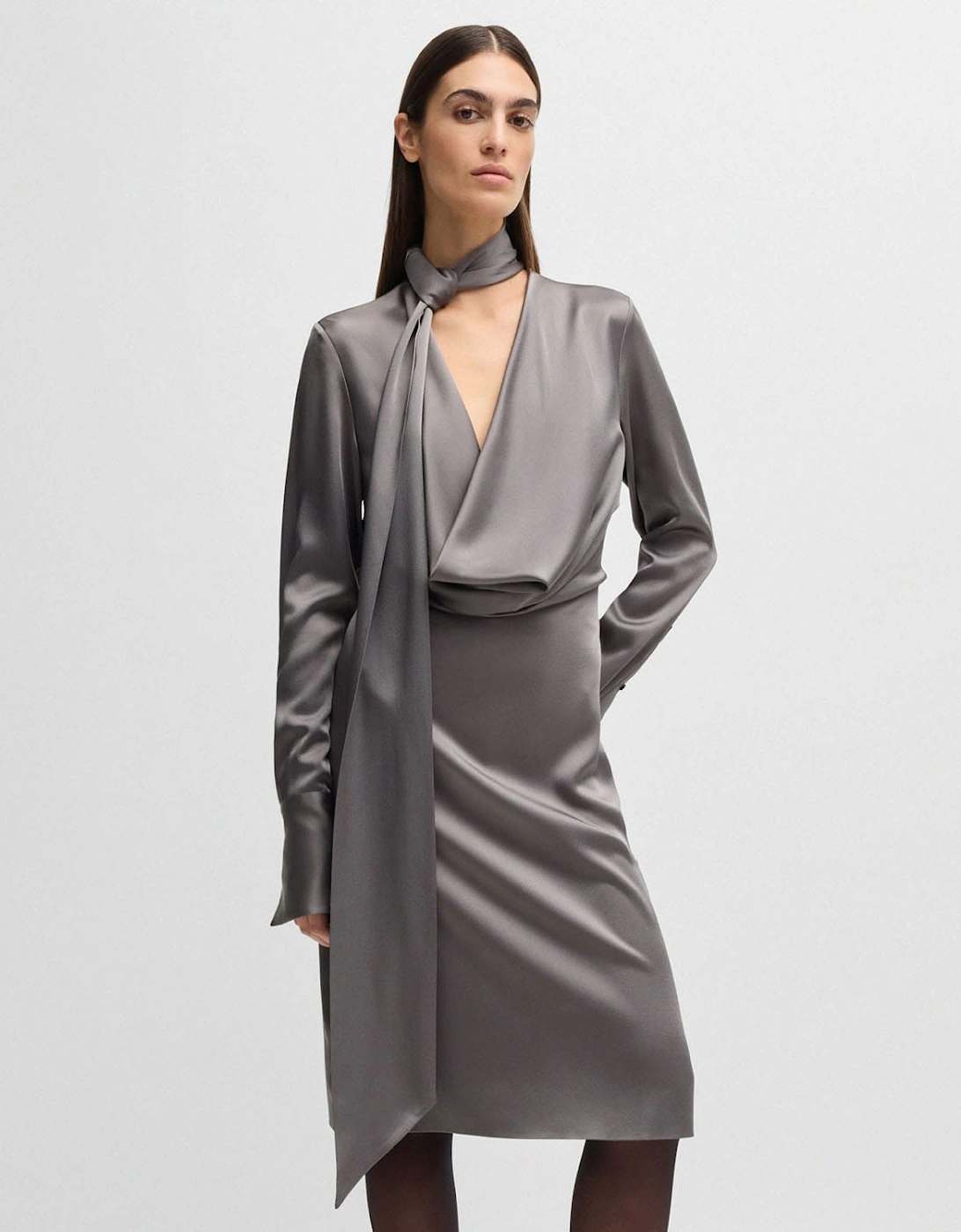 Hugo Boss Women's Bascarva Long Sleeve Scarf Neckline Dress - Grey - Size: 4