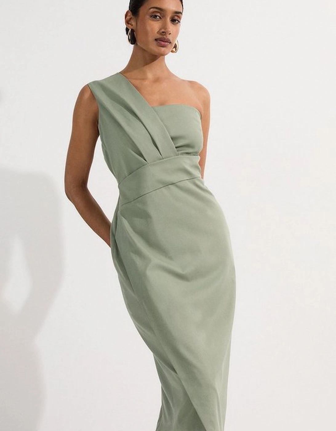 Tailored One Shoulder Tuck Detail Pencil Midi Dress, 4 of 3
