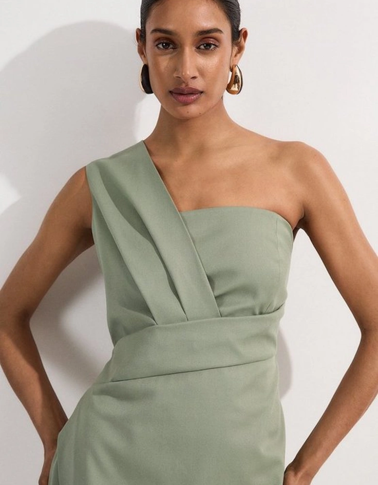 Tailored One Shoulder Tuck Detail Pencil Midi Dress