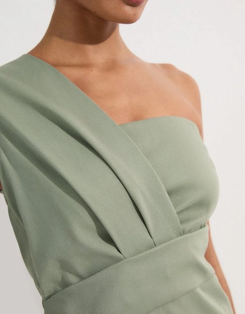 Tailored One Shoulder Tuck Detail Pencil Midi Dress