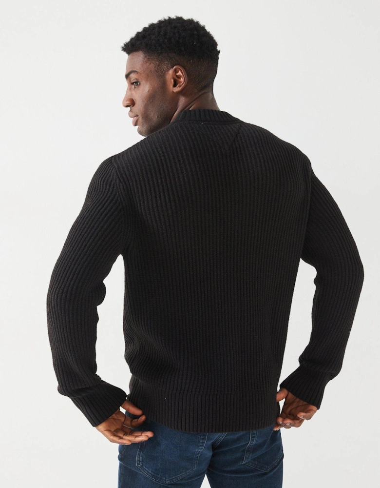 Regular Fit Badge Textured Crew Neck Knitted Jumper - Black