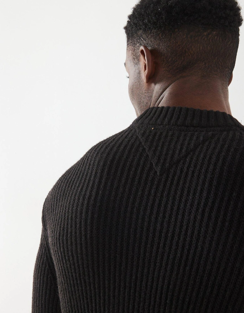 Regular Fit Badge Textured Crew Neck Knitted Jumper - Black