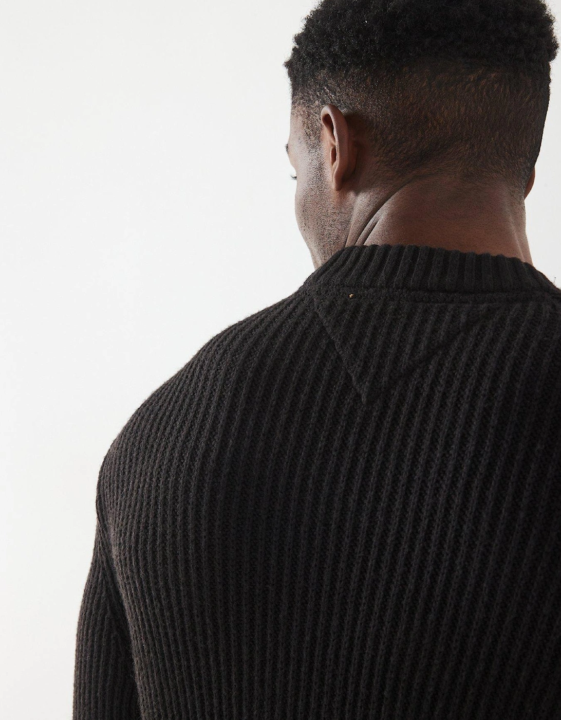 Regular Fit Badge Textured Crew Neck Knitted Jumper - Black