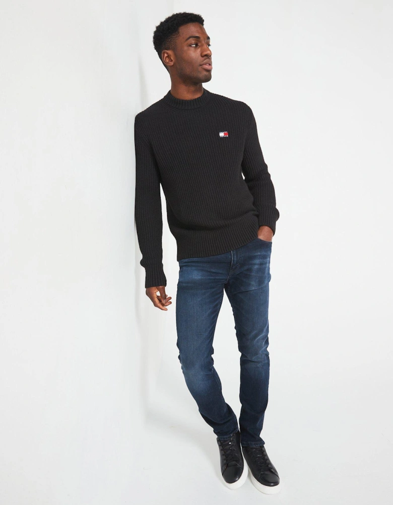 Regular Fit Badge Textured Crew Neck Knitted Jumper - Black