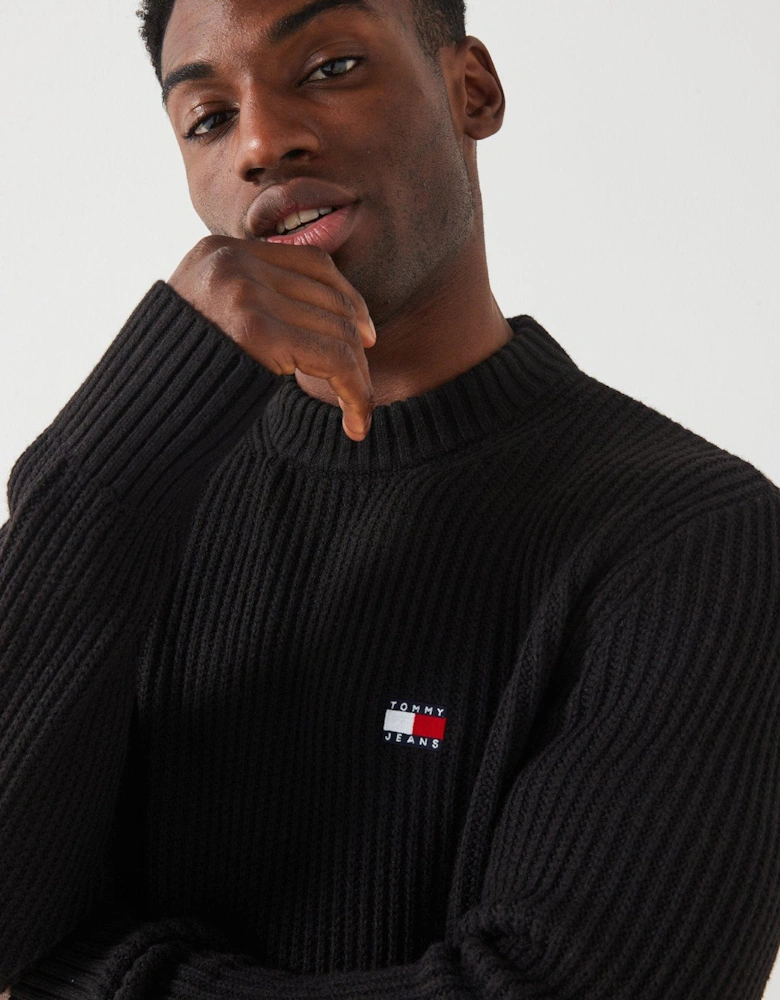 Regular Fit Badge Textured Crew Neck Knitted Jumper - Black