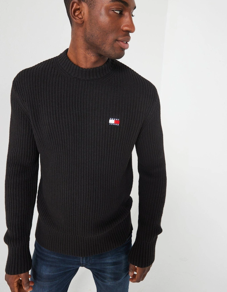 Regular Fit Badge Textured Crew Neck Knitted Jumper - Black