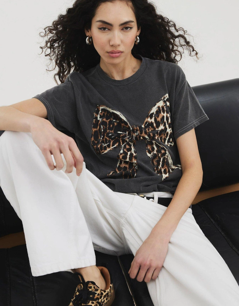 Short Sleeve Leopard Bow Washed Tee - Grey