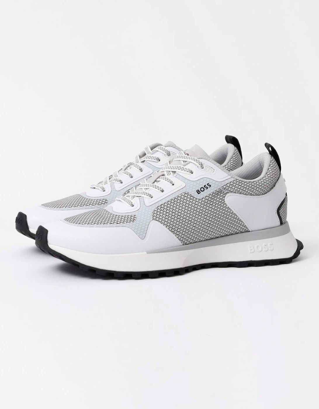 Men's BOSS Orange Jonah Mixed-Material Trainers with Mesh Details and Branding - Open White 120 - Grey - Size: 11