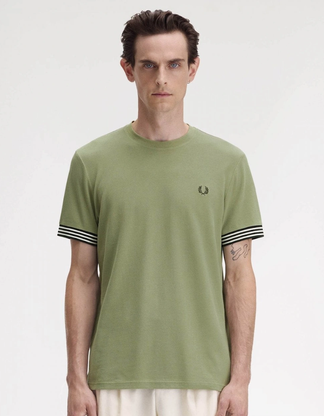 Men's Fred Perry Mens Striped Cuff T-Shirt - Olive Mint X88 - Tan - Size: 44