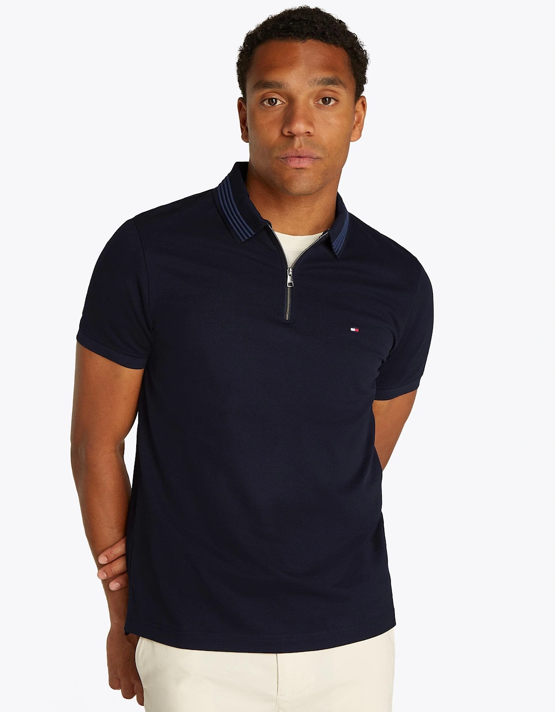 Men's Tommy Hilfiger Mercerised Pique Zip Mens Polo - Blue/Black - Size: 42