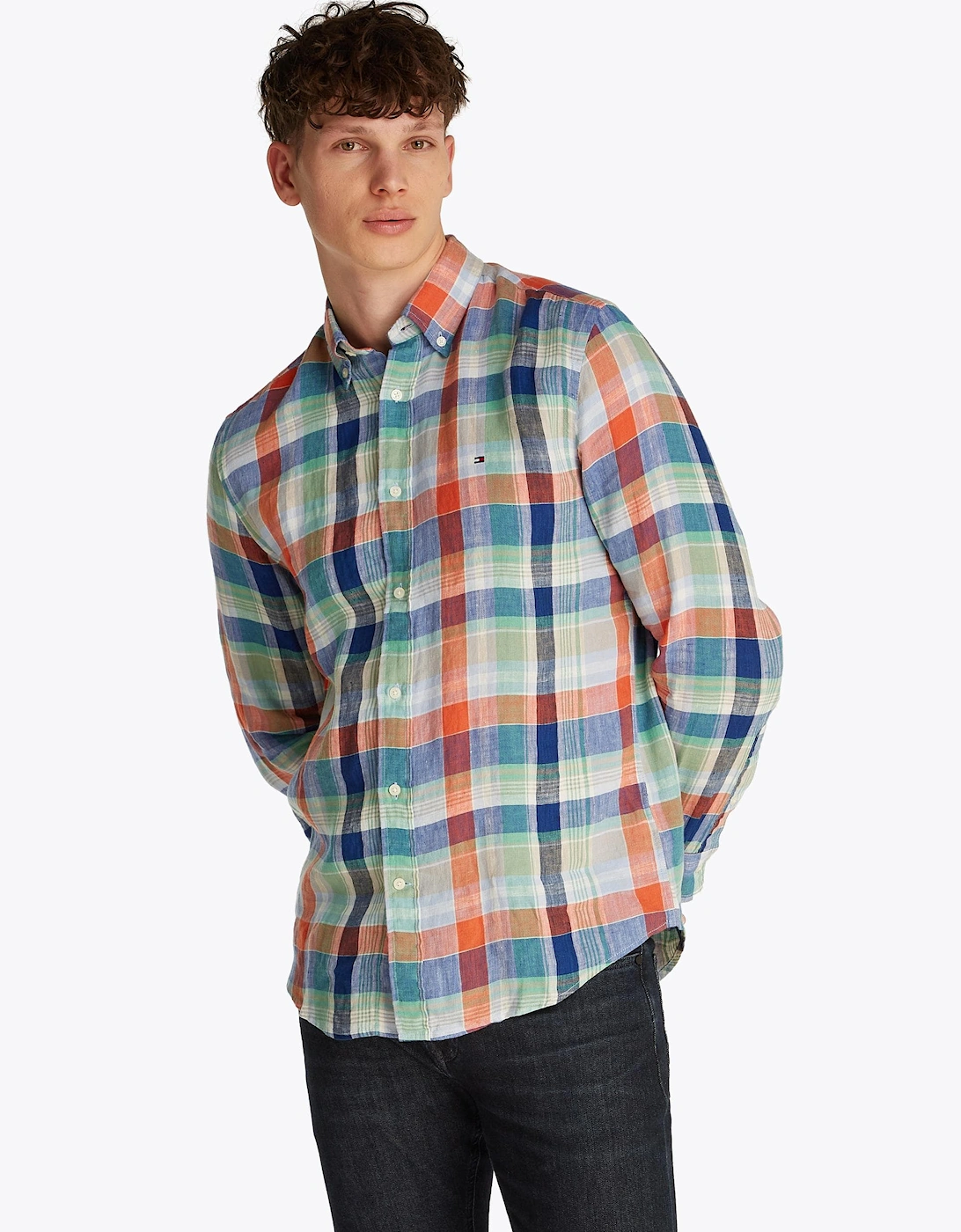 Men's Tommy Hilfiger Linen Summer Madras Mens Shirt - Brilliant Orange Check - Size: 42/Regular