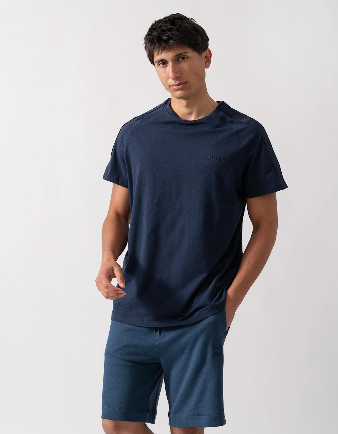 Men's HUGO LIAM Mens Crew Neck T-Shirt with Logo Tape - Navy - Size: 42