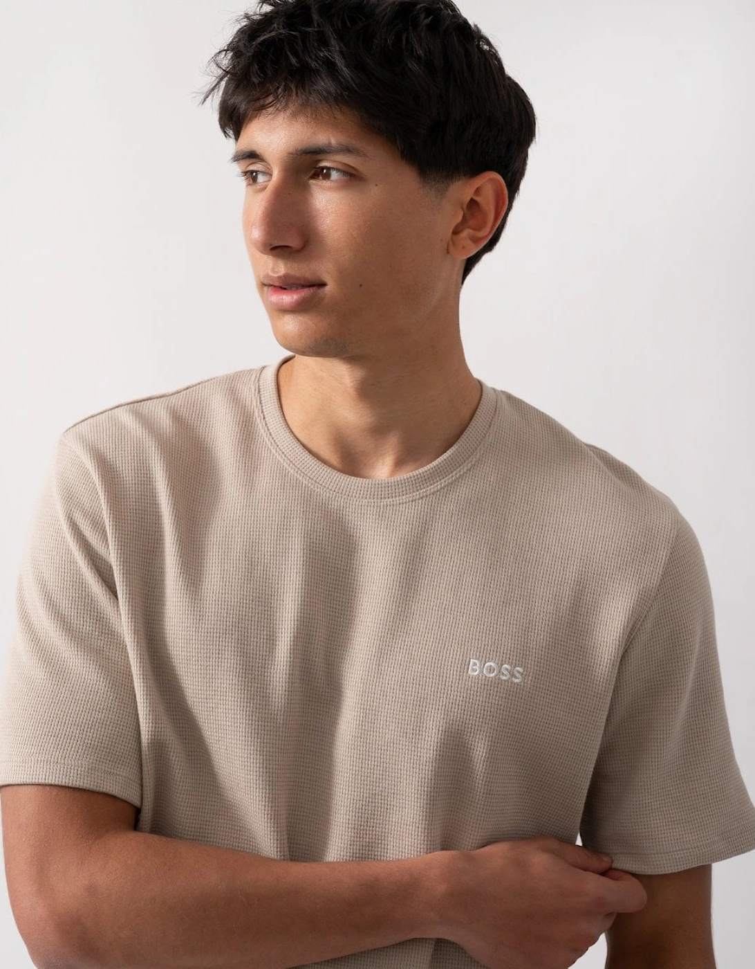 BOSS Orange Waffle Mens Cotton-Blend Pyjama T-Shirt with Embroidered Logo