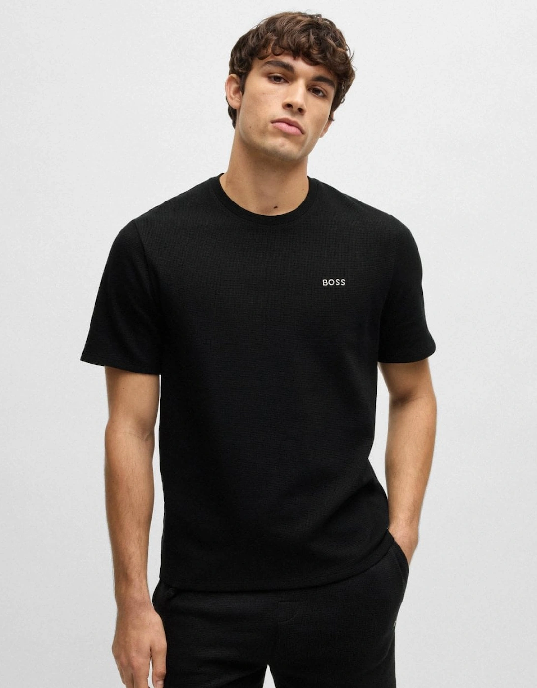 Hugo Boss Men's Black Boss Orange Waffle Cotton-Blend Pyjama T-Shirt With Embroidered Logo Nos - 001 - Size: 42/Regular