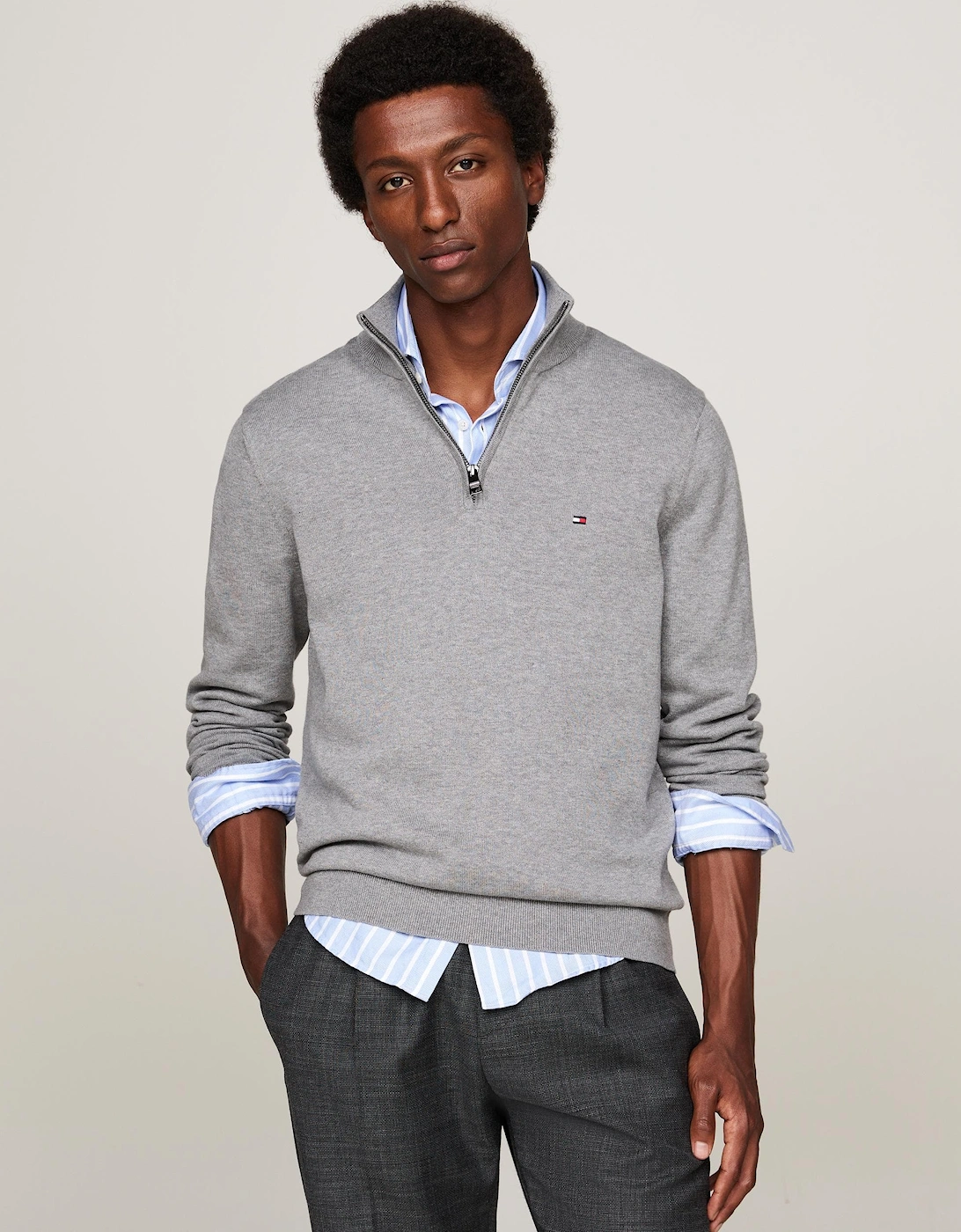 Men's Tommy Hilfiger Essential Cotton 1/4 Zip Mock Mens Sweatshirt - Medium Grey Heather - Size: 36