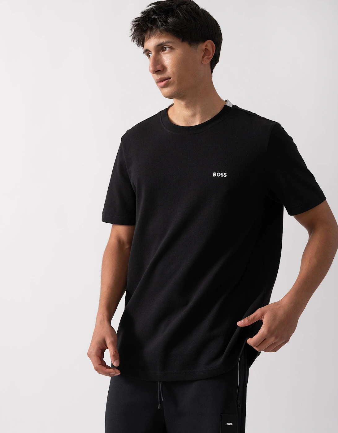 Men's BOSS Green Taddy Mens Cotton Piqué T-Shirt with Oxford-Jacquard Back Collar - Black 001 - Size: 42