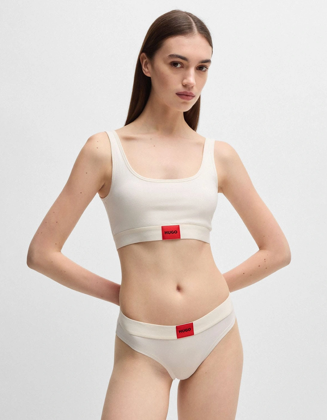 Hugo Boss Women's Cream Red Logo Label Stretch Cotton Bralette - - : Xl