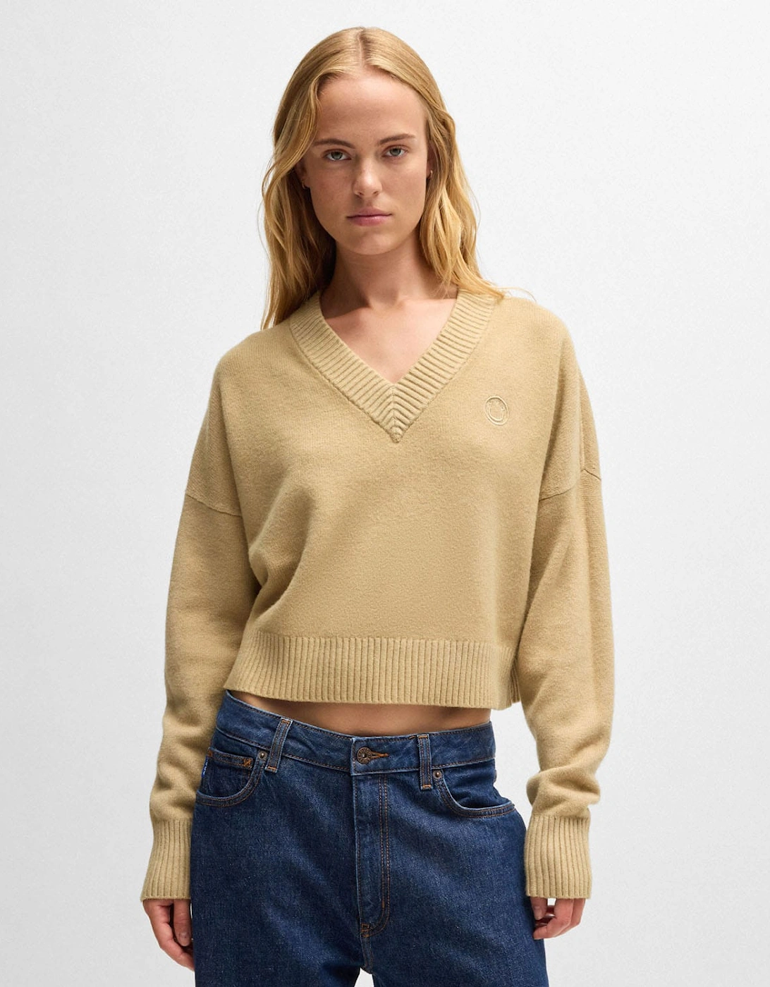Hugo Boss Women's Sester_B Relaxed-Fit Cropped Sweater - Cream - Size: 10/8