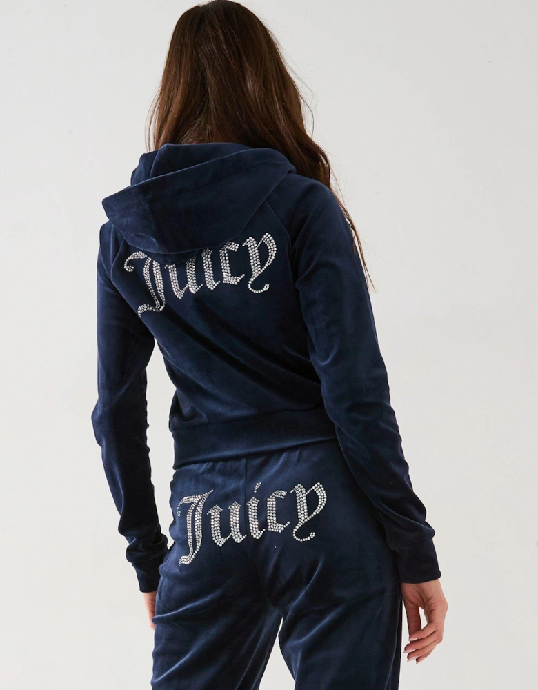 Classic Velour Zip Up Madison Diamante Logo Hoodie - Navy