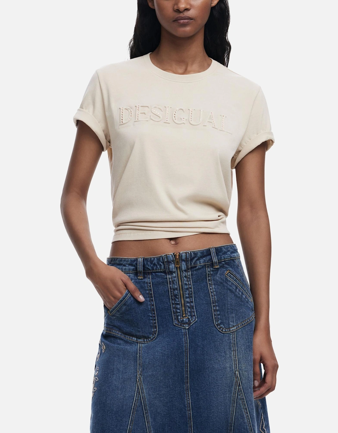 Short Sleeve Round Neck Cotton T-Shirt Women - Beige Shirts, 4 of 3
