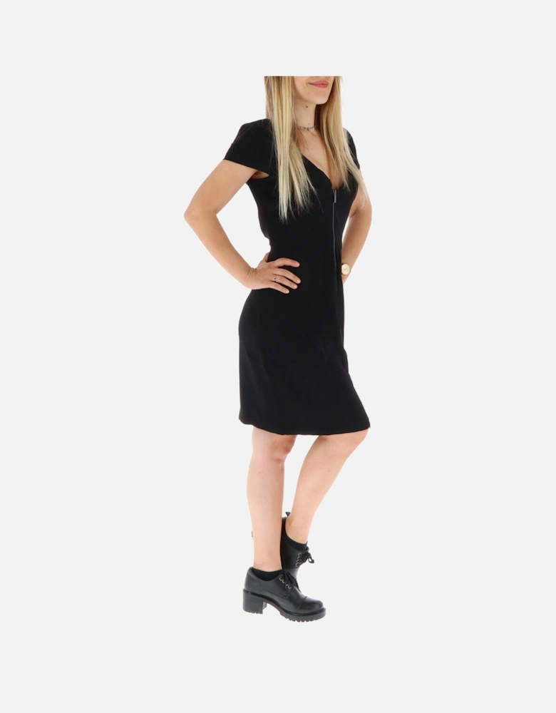 Short Sleeve V-Neck Zip Dress Women - Black Dresses