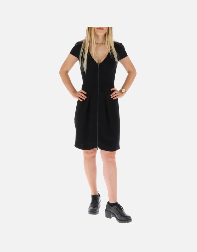 Short Sleeve V-Neck Zip Dress Women - Black Dresses