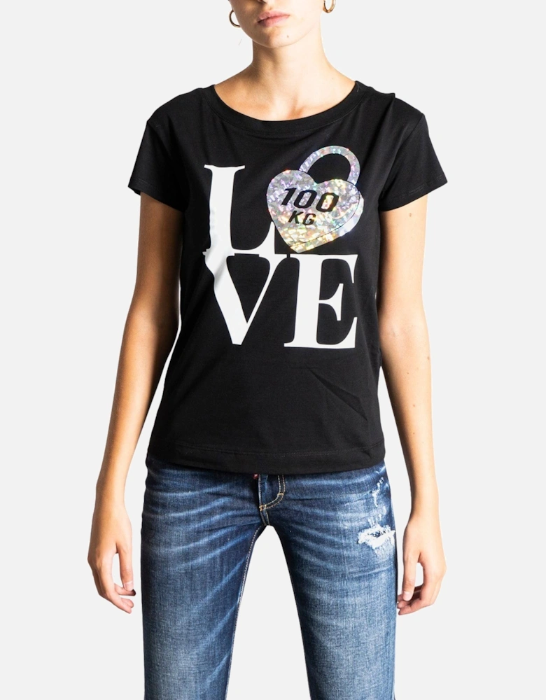 Printed Short Sleeve Round Neck T-Shirt Women - Black Shirts