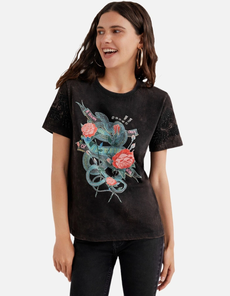 Printed Round Neck Cotton T-shirt Women - Black Shirts