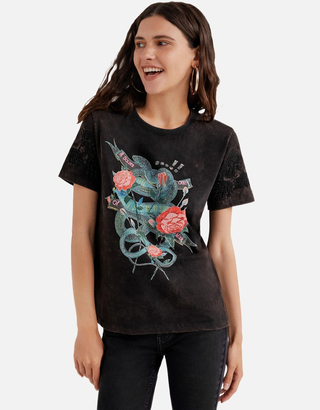 Printed Round Neck Cotton T-shirt Women - Black Shirts, 3 of 2