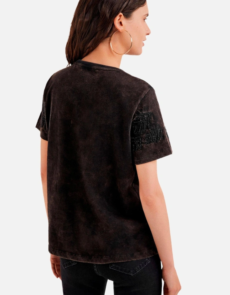 Printed Round Neck Cotton T-shirt Women - Black Shirts