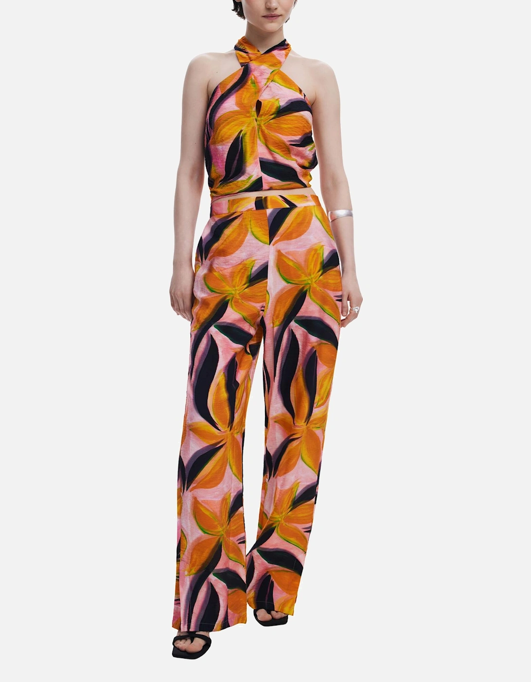 Desigual Women's Orange Floral Pattern Viscose Trousers With Front Pockets - : Size 22