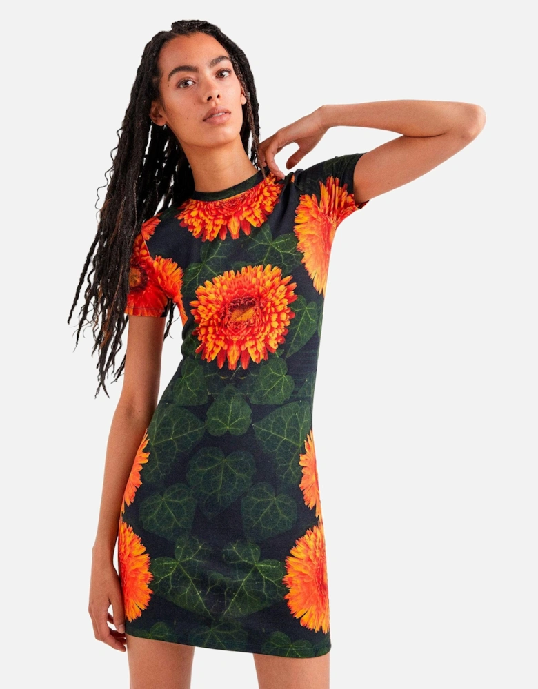 Printed Short Sleeve Cotton Dress Women - Orange Dresses