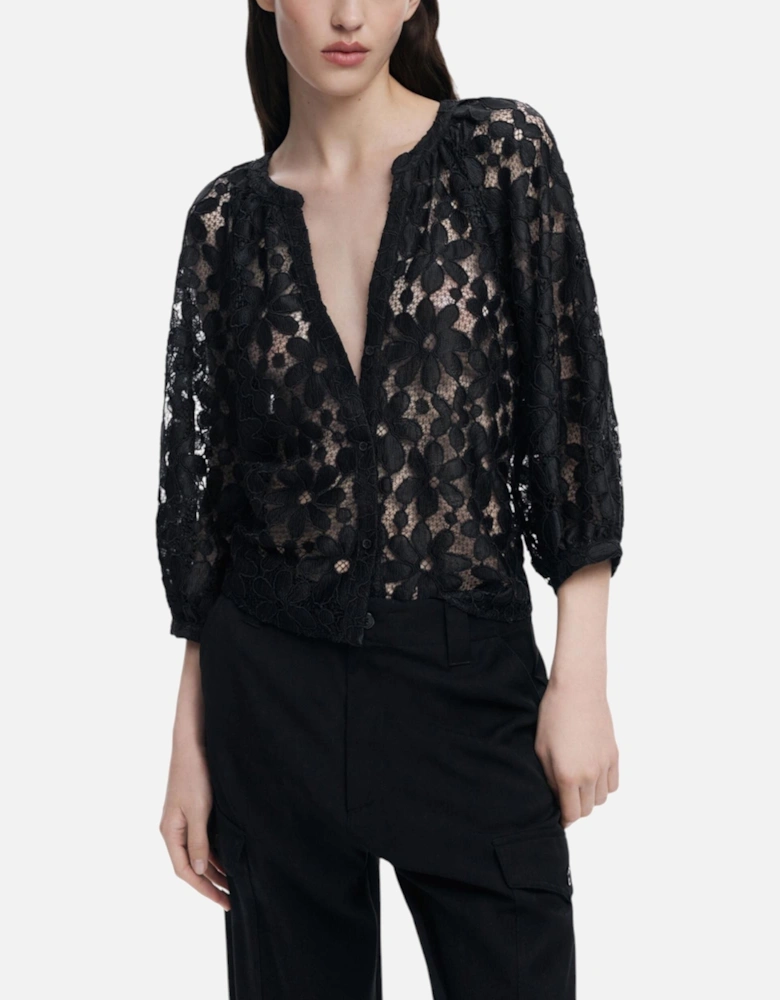 Low-Cut V-Neck 3/4 Sleeve Blouse Women - Black