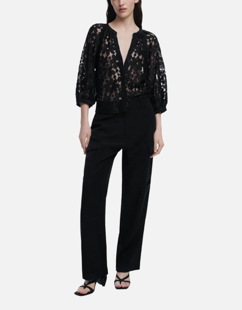 Low-Cut V-Neck 3/4 Sleeve Blouse Women - Black