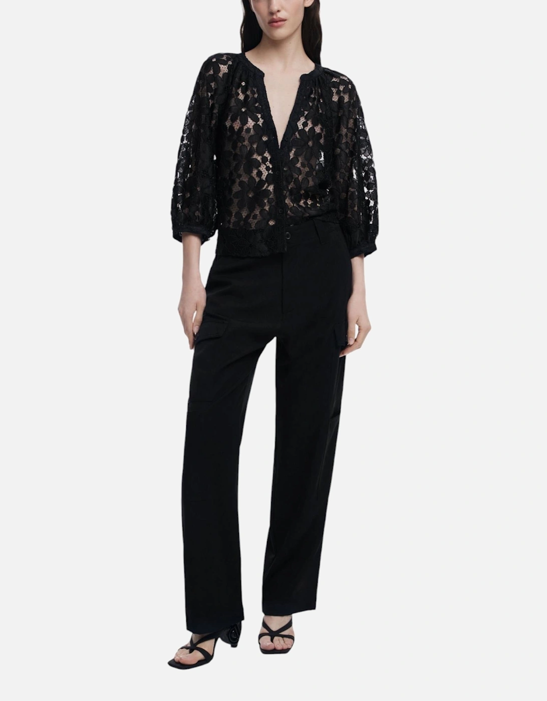 Low-Cut V-Neck 3/4 Sleeve Blouse Women - Black