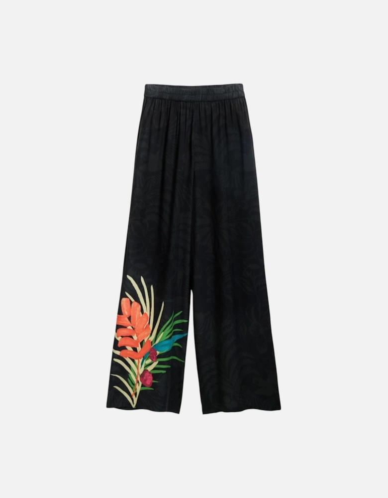 Floral Pattern Viscose Trousers with Front Pockets Women - Black